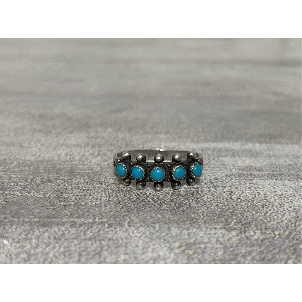 Native American Zuni Turquoise Petit Point Ring Sz 8 Snake Eyes Arrow - Picture 2 of 10